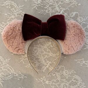 Dainty Coquette Plush Blush Pink Minnie Ears Headband with Burgundy Velvet Bow